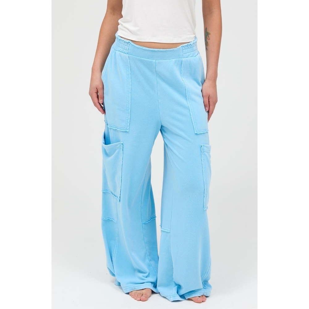 CloudDweller Blue Mineral Washed Cotton Butter Soft Wide Leg Cargo Sweatpants